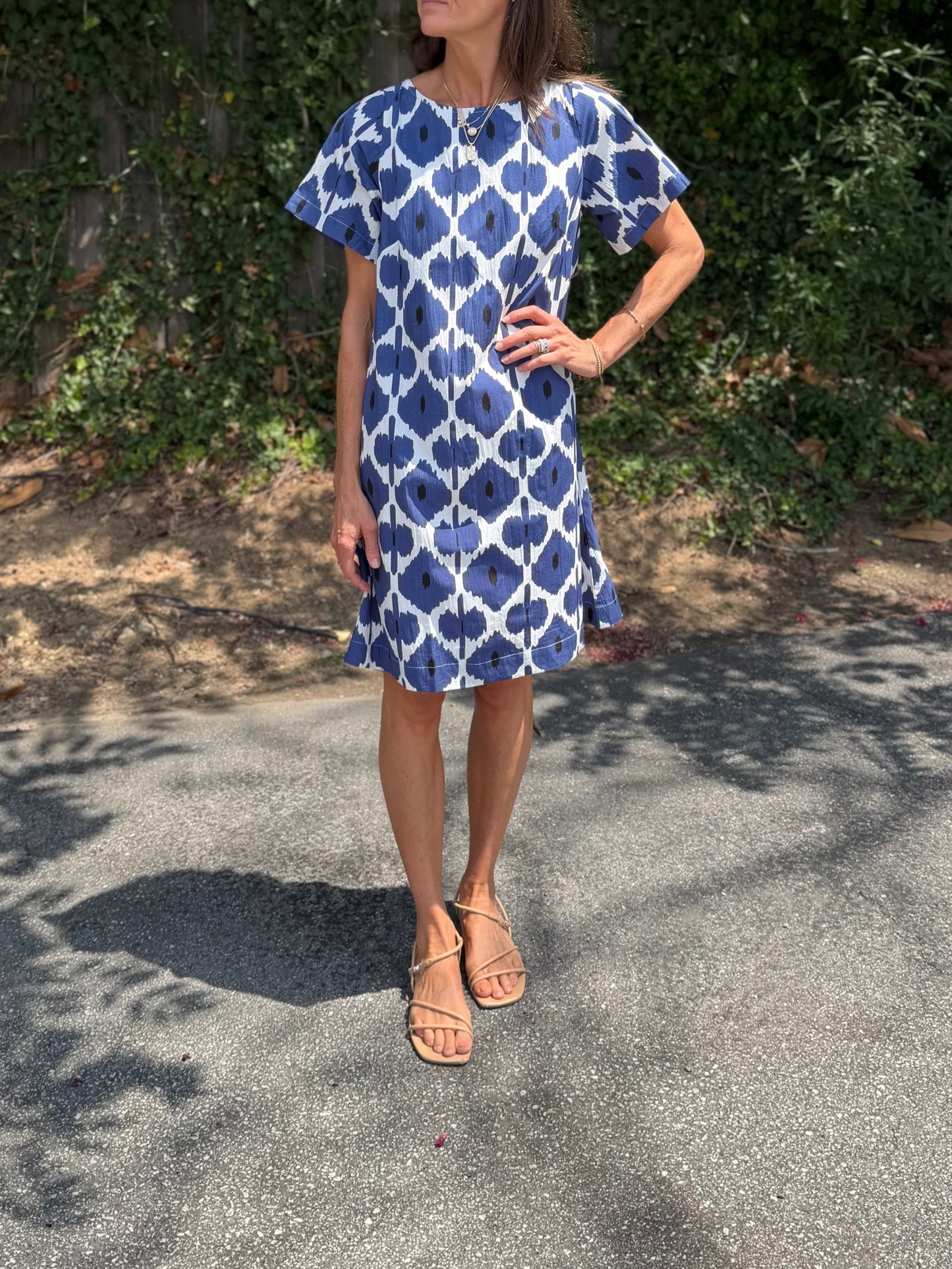 Edie Short Sleeve Mini Dress in indigo diamond by Fitzroy & Willa
