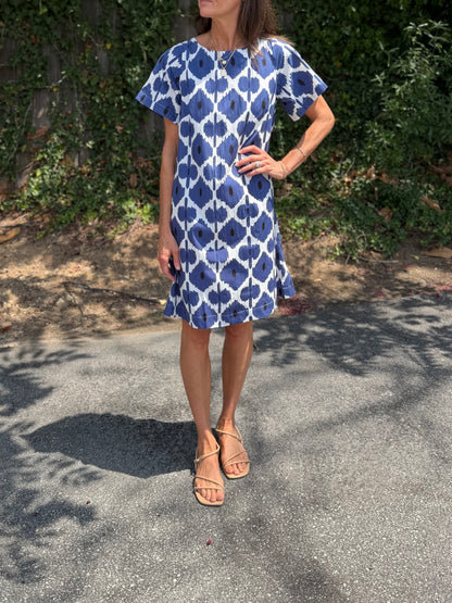 Edie Short Sleeve Mini Dress in indigo diamond by Fitzroy & Willa
