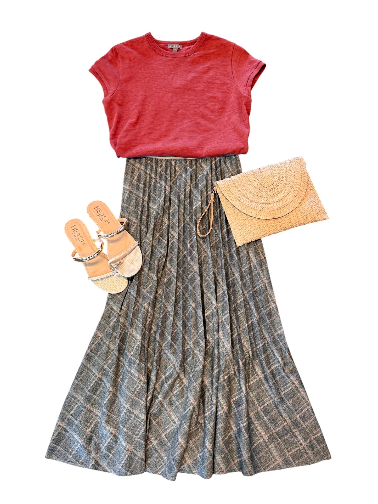 Sabrina Ponte Pleated Midi Skirt in smoked green plaid by Lysse
