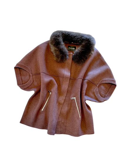 Faux Fur Trimmed Cardigan Poncho in espresso by Dolce Cabo