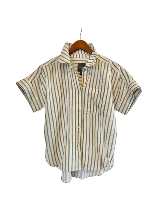 Adley Linen Boxy Shirt in olive grove stripe by Lysse
