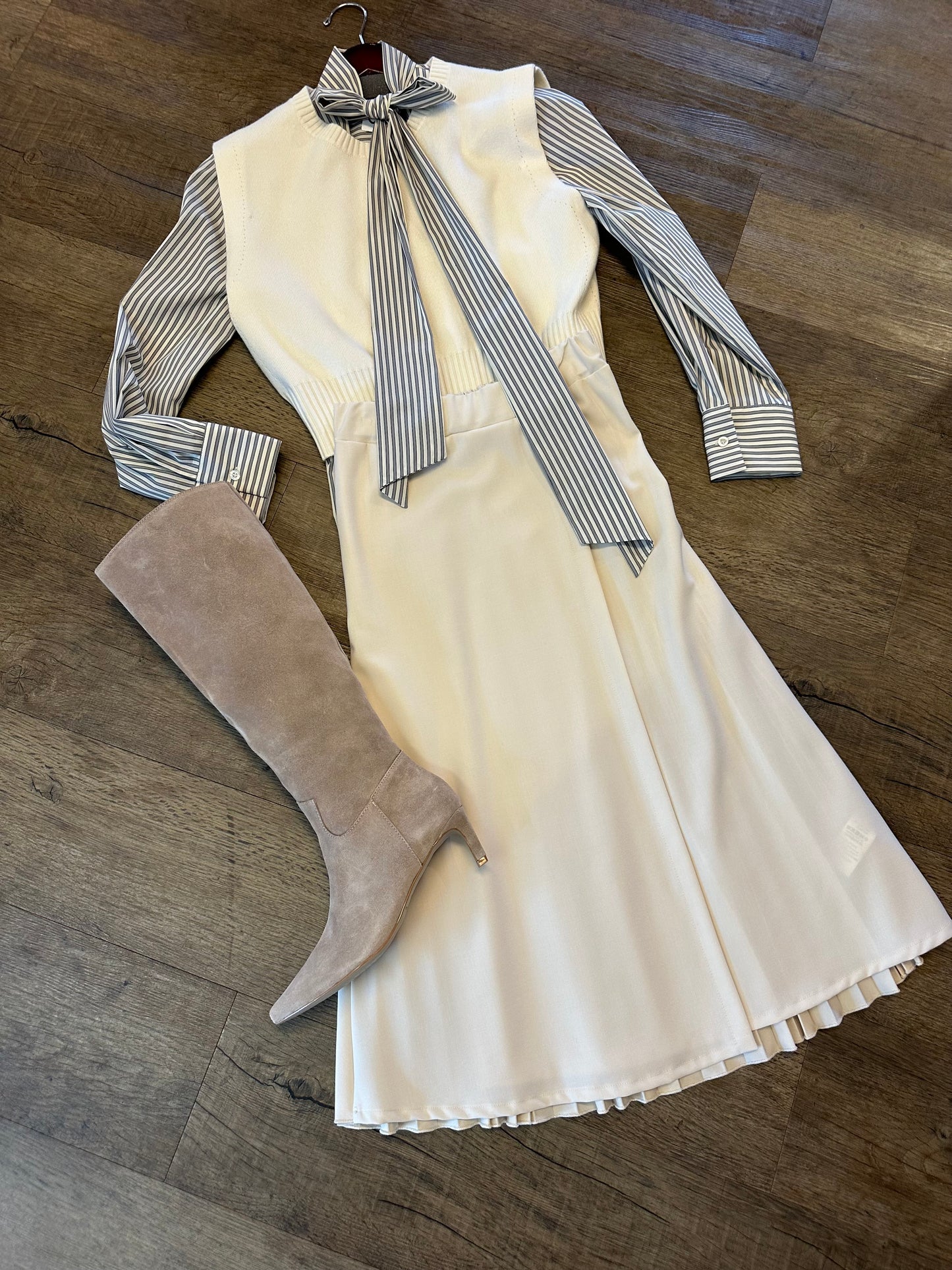 Stripe Neck Tie Blouse in grey by B-YU