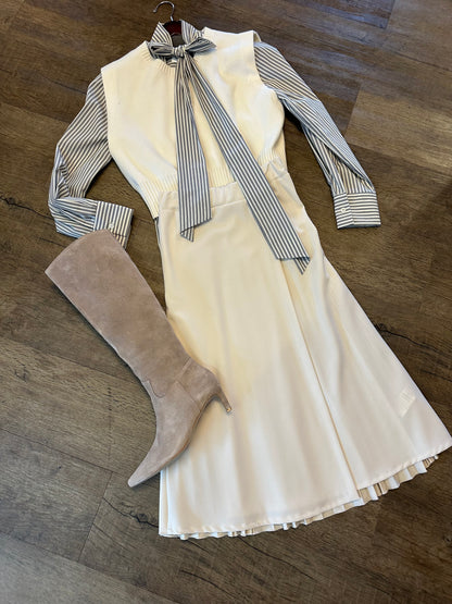 Stripe Neck Tie Blouse in grey by B-YU