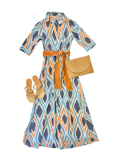 Eloise Sundown Ikat Dress in blue by Beau & Ro