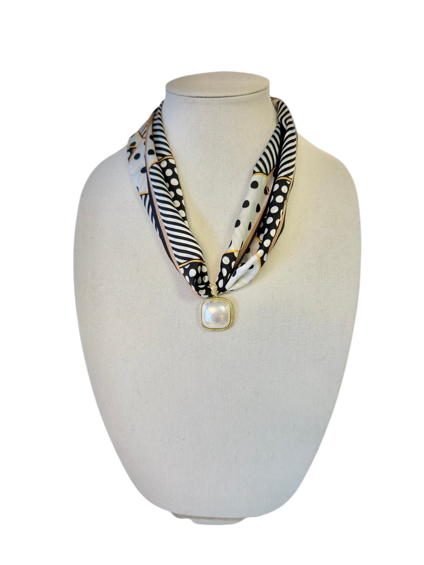 Pearl Square Pendant on Scarf Necklace in black & white by Virtue