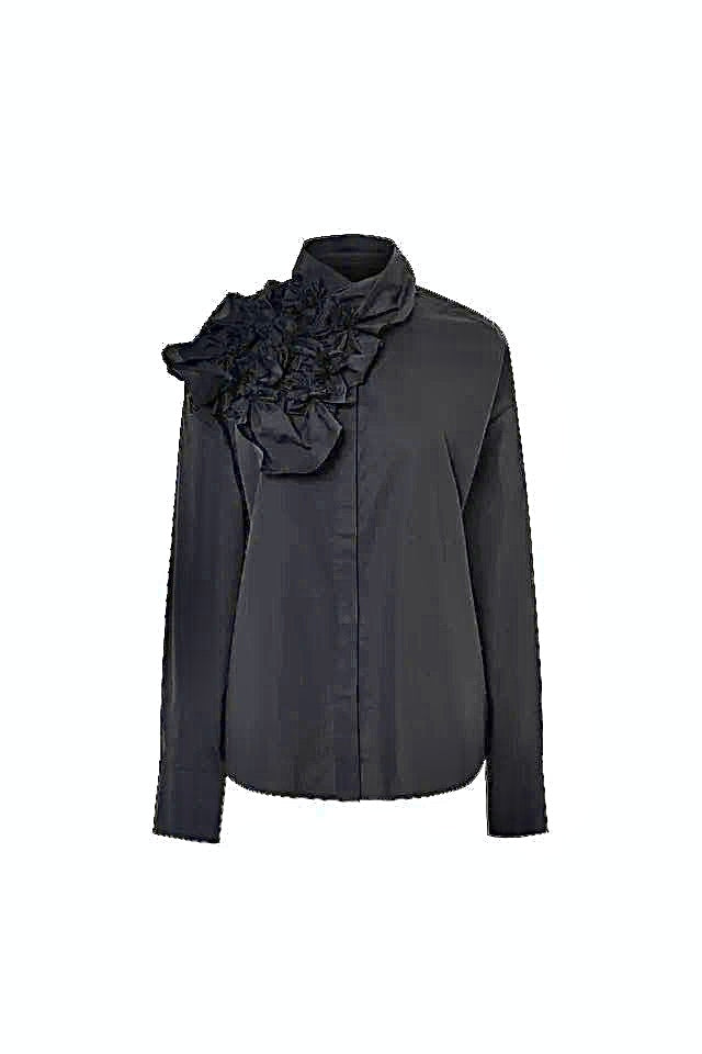 Long Sleeve Flower Accent Poplin Top in black by Psophia