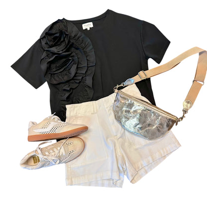 Solid Tee with Poplin Flower Ruffle in black by Psophia