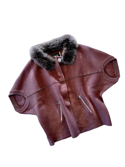 Faux Fur Trimmed Cardigan Poncho in espresso by Dolce Cabo