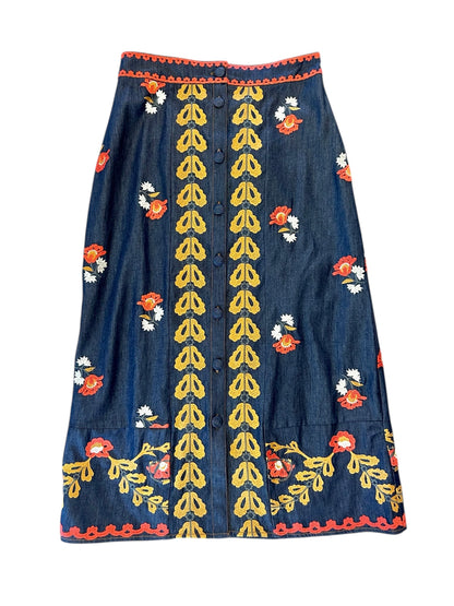 Frannie Embroidered Midi Skirt in denim by Elizabeth James