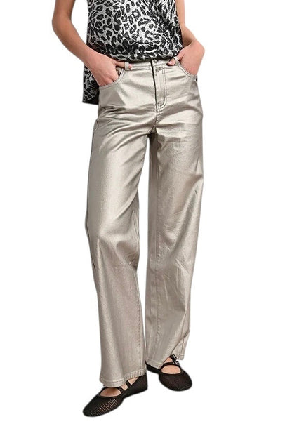 Wide Leg Coated Jeans in silver by Molly Bracken