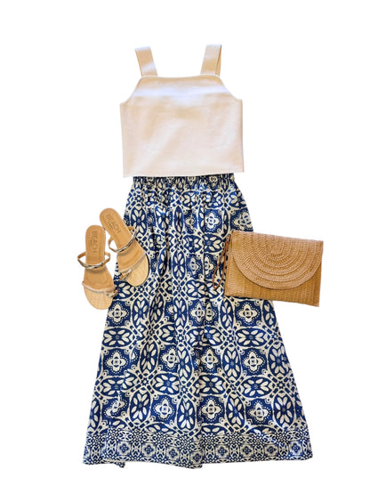 Madelyn Midi Skirt in rosetta tile navy by Brooks Avenue