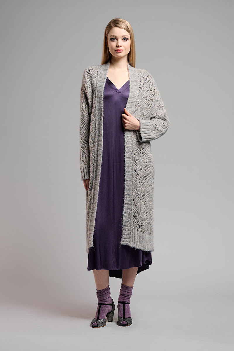Open Weave Duster Cardigan in grey/gold by B-YU