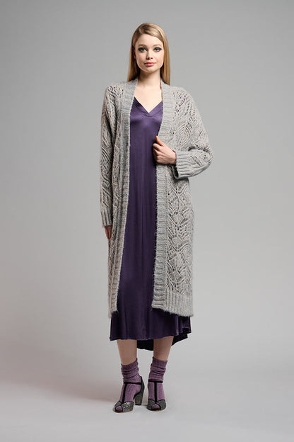 Open Weave Duster Cardigan in grey/gold by B-YU