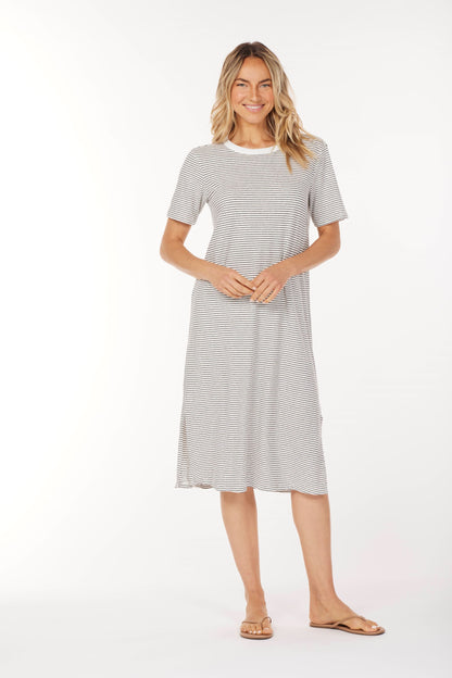 Half Sleeve Crew Midi Stripe Dress in white/black by Mododoc
