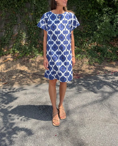 Edie Short Sleeve Mini Dress in indigo diamond by Fitzroy & Willa