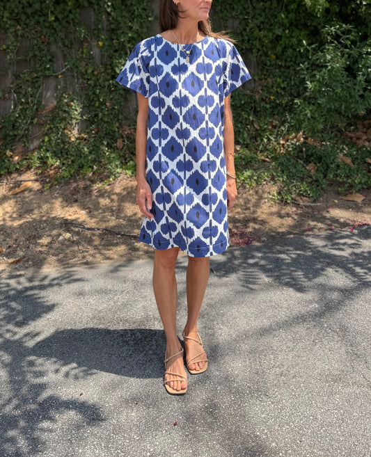 Edie Short Sleeve Mini Dress in indigo diamond by Fitzroy & Willa