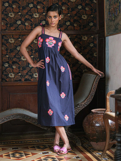 Agate Dress with Flower Bunch Embroidery in navy jacquard by Nimo