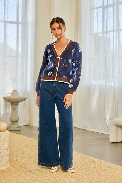 Floral Intarsia Sweater Cardigan in navy by Skies Are Blue