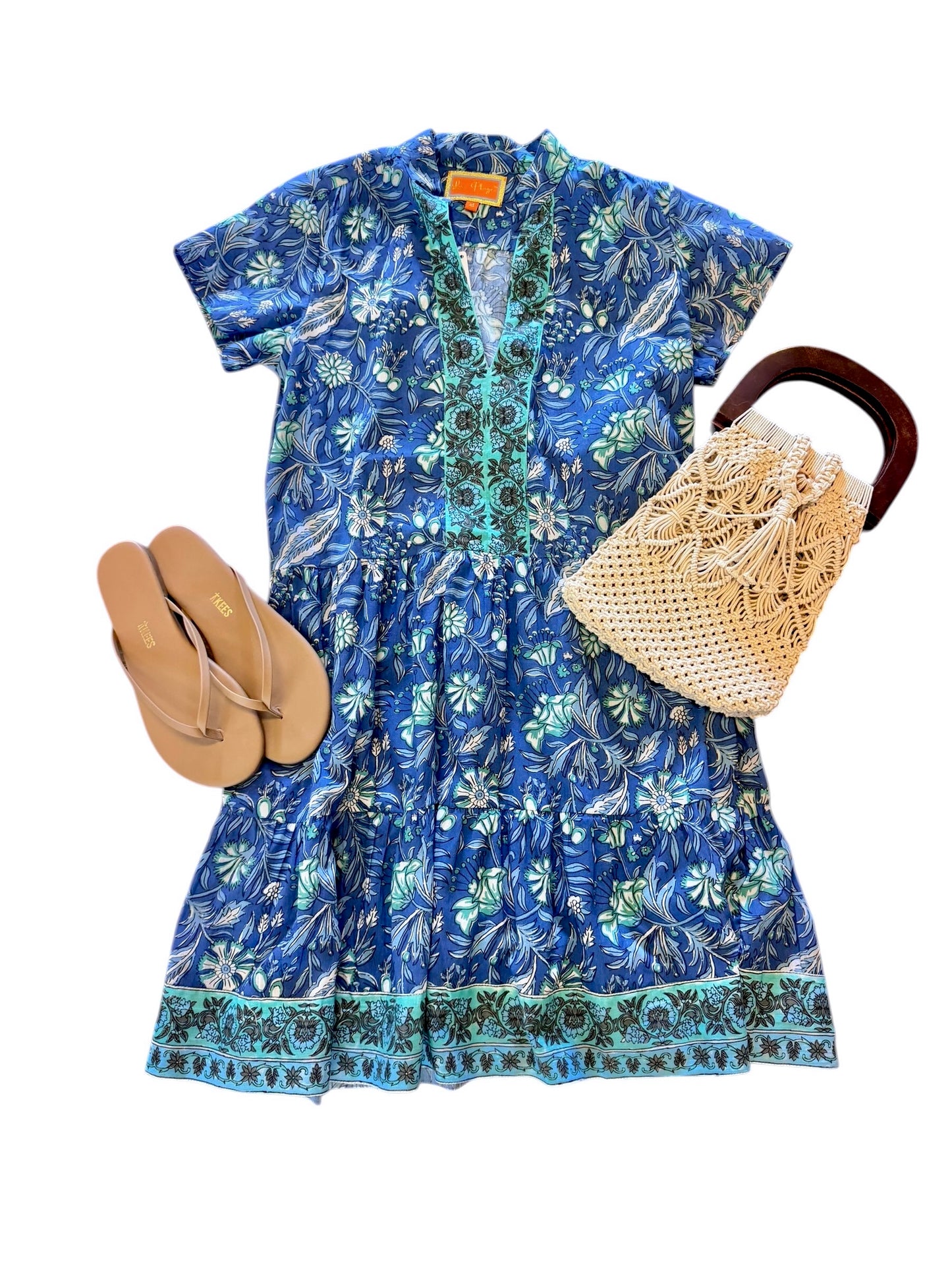 Alison Shortsleeve Floral Block Print Dress in blue/turquoise by La Plage