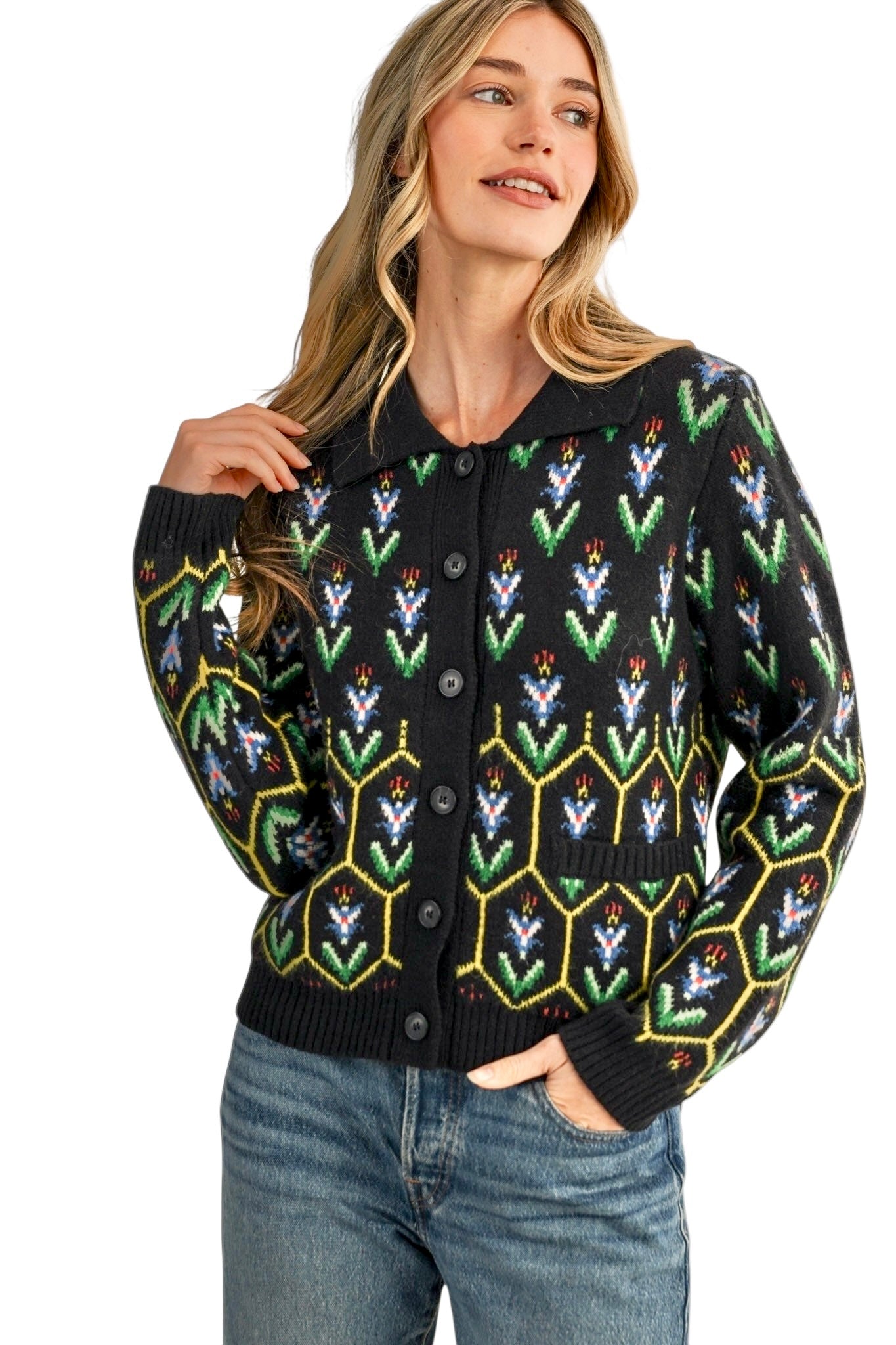 Floral Knit Collared Sweater Cardigan in black multi by &Merci