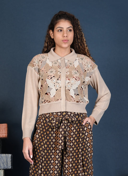 Galicia Lace Front Cardigan in beige by Conditions Apply