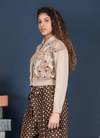 Galicia Lace Front Cardigan in beige by Conditions Apply
