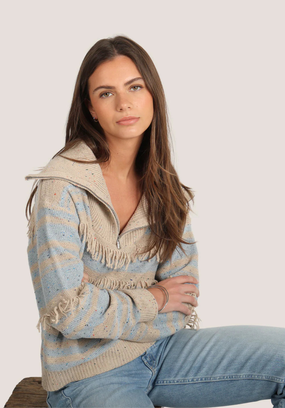 Cassidy Fringe Sweater in oatmeal/denim by Dylan