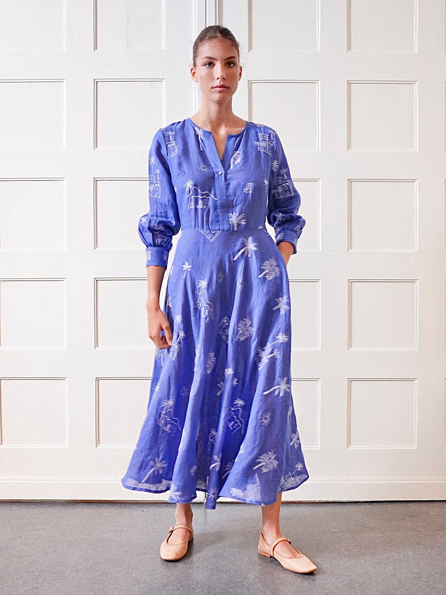 Azurite Maxi Dress in blue village embroidered by Nimo