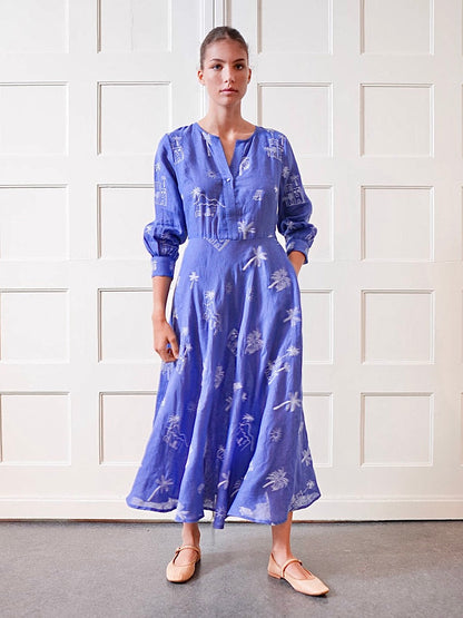 Azurite Maxi Dress in blue village embroidered by Nimo
