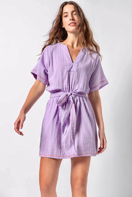 Belted Split Neck Gauze Dress in lily by Lilla P