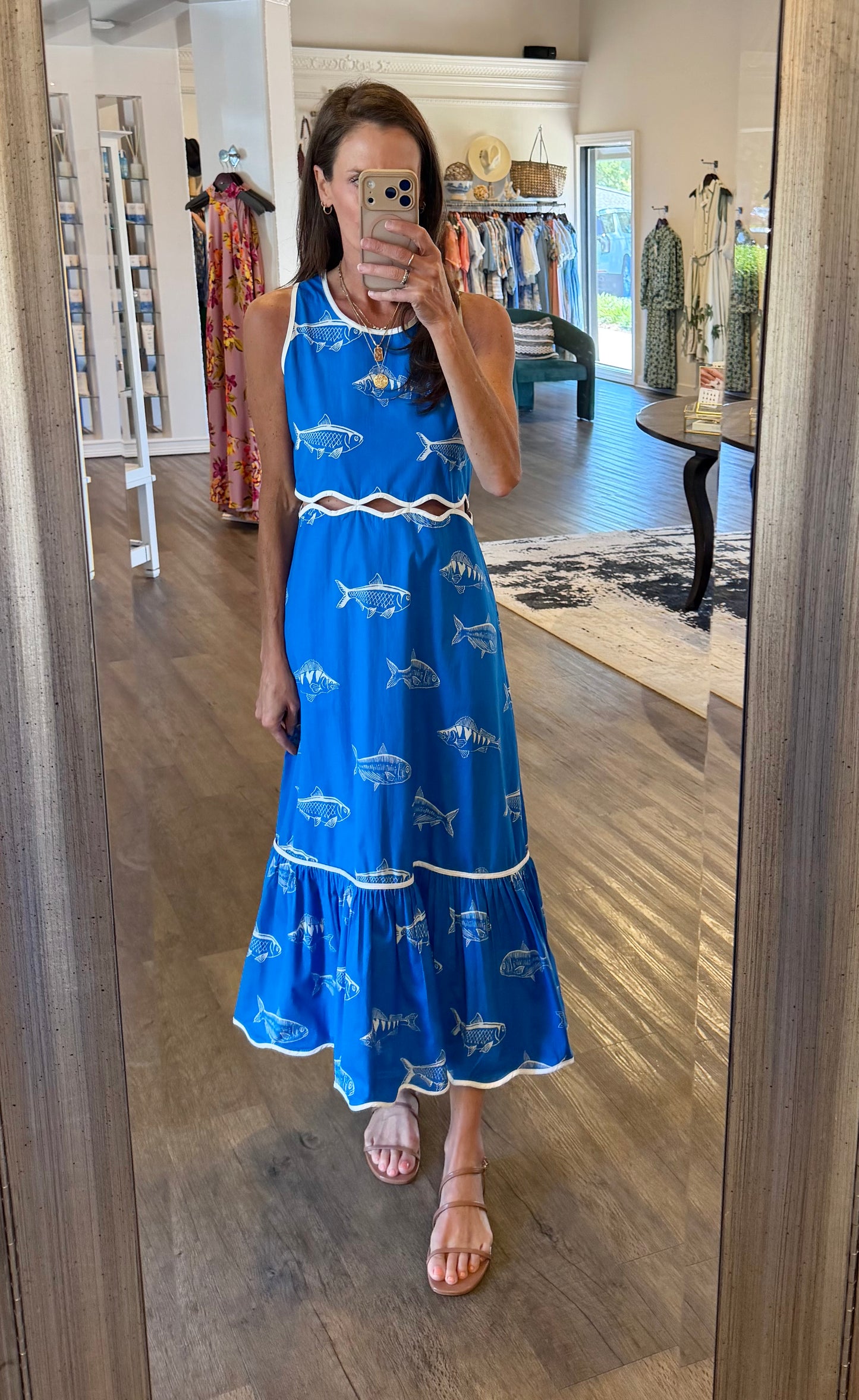 Lina Fish Print Dress in blue by Beau & Ro