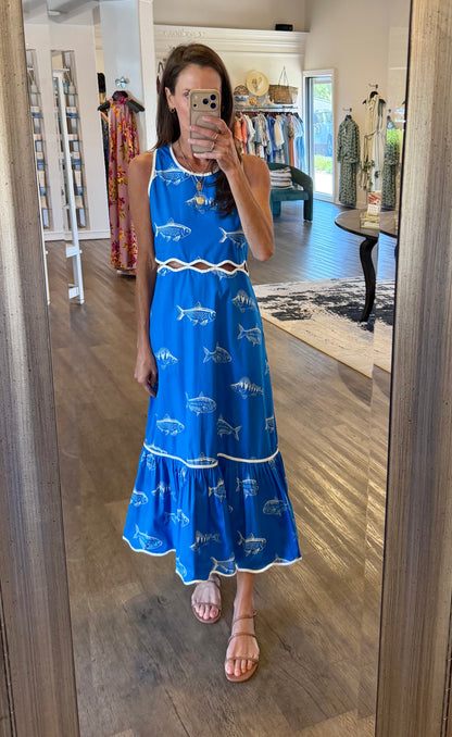Lina Fish Print Dress in blue by Beau & Ro