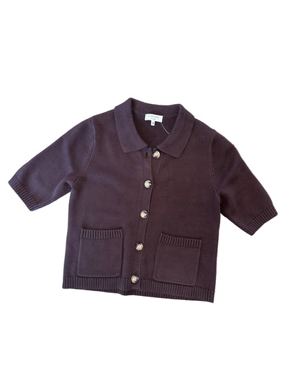A dark brown knit cardigan sweater with front buttons and two front pockets
