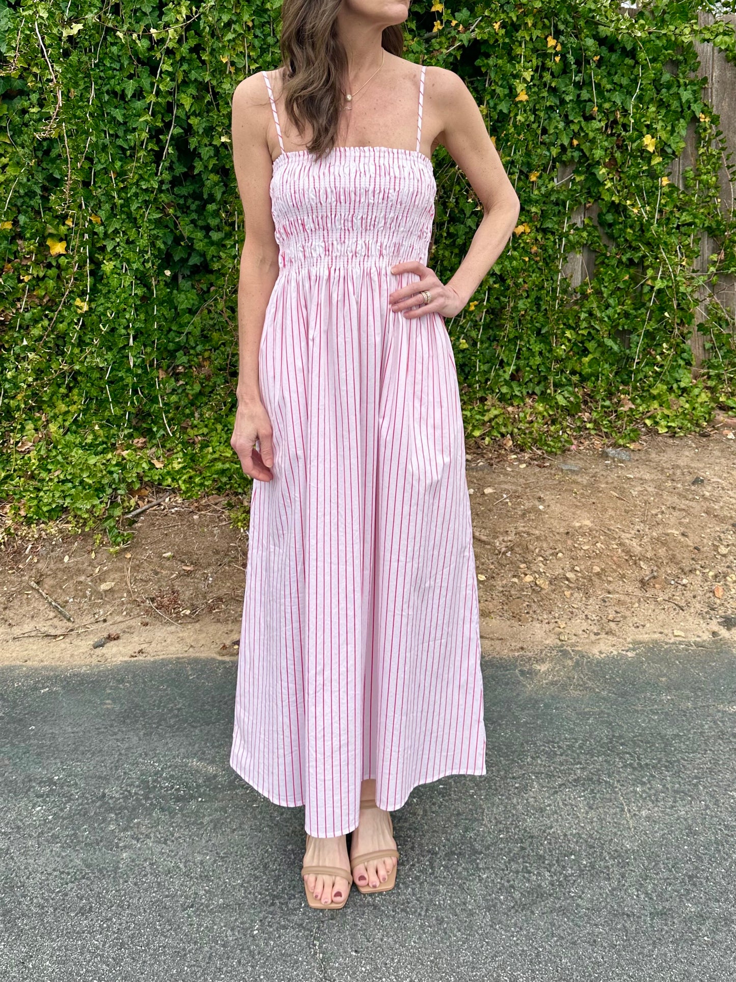 Bianca Shirred Bodice Dress in ruby stripe by Pistola