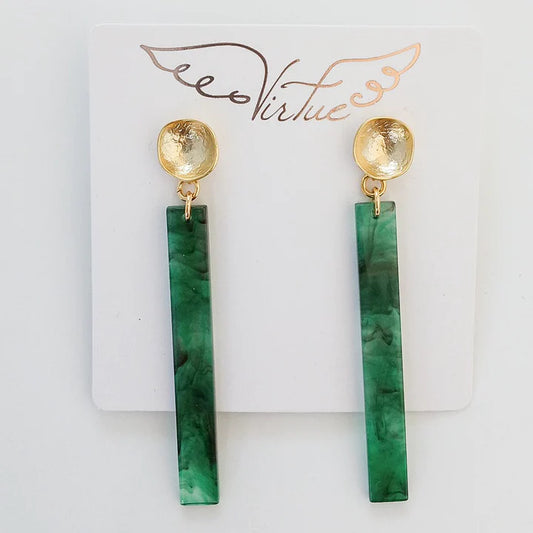 Acrylic Bar on Round Hammered Post Earring in green marble by Virtue