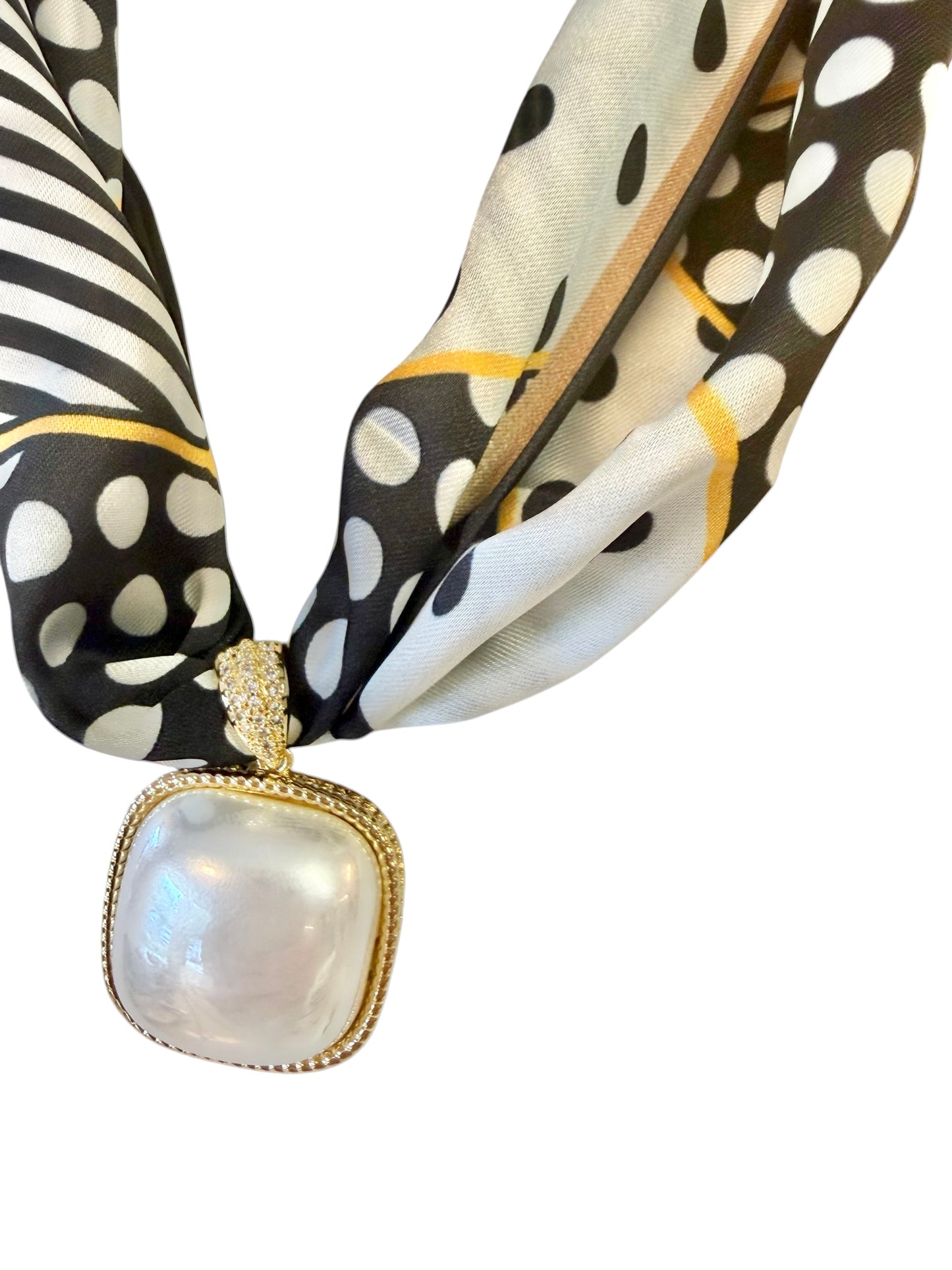 Pearl Square Pendant on Scarf Necklace in black & white by Virtue