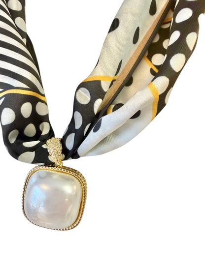 Pearl Square Pendant on Scarf Necklace in black & white by Virtue