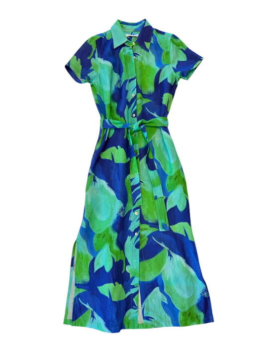 Printed Linen Maxi Dress in blue lagoon by Haris Cotton