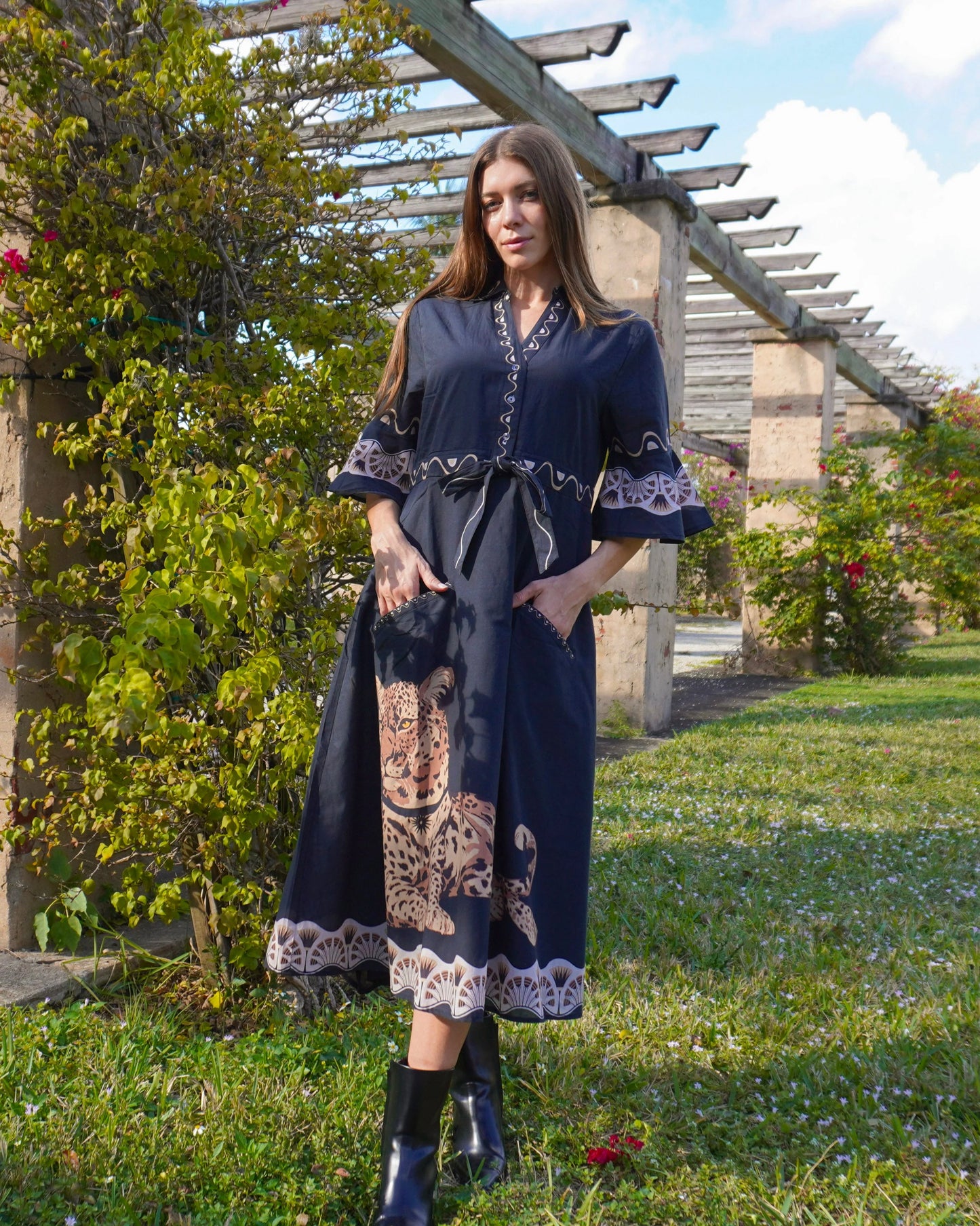 Cape Midi Dress in cheetah black by Isla Payal