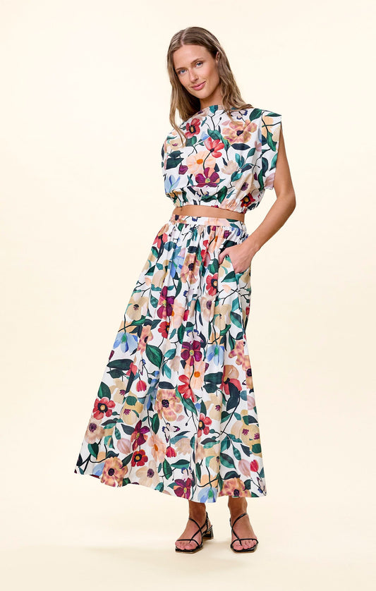 model wearing cotton floral print ankle skirt by cleobella 