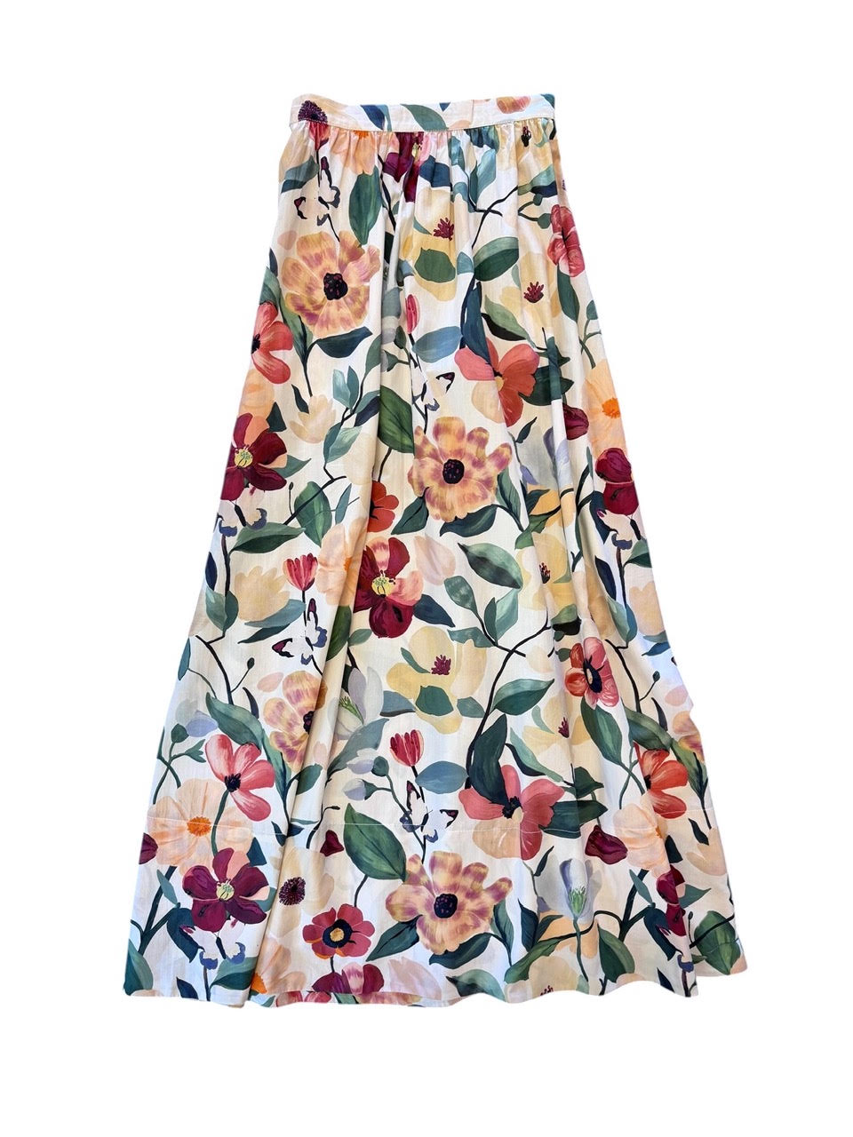 Ankle length cotton floral skirt by Cleobella flatlay 