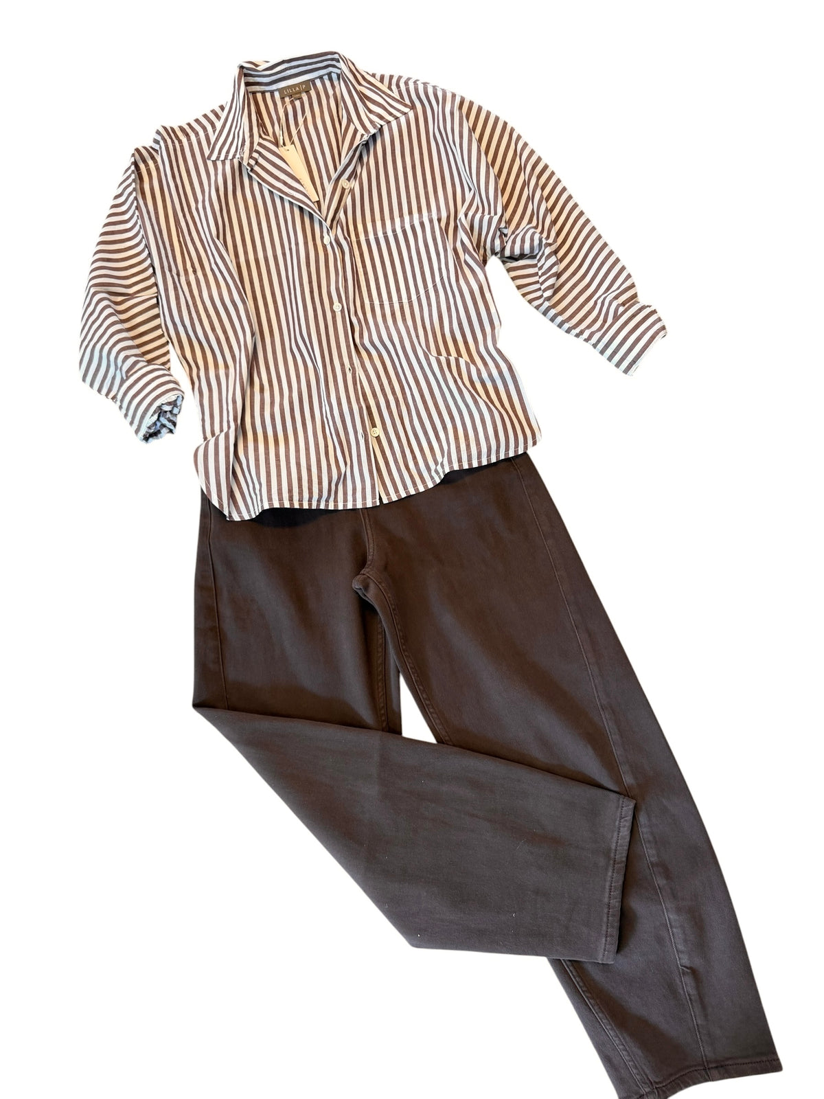 Dolman Sleeve Button Down Shirt in chestnut stripe by Lilla P