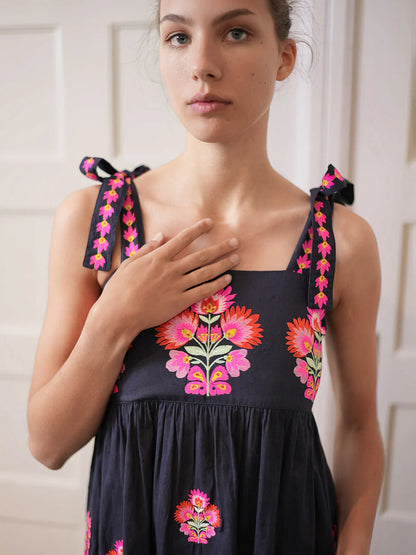 Agate Dress with Flower Bunch Embroidery in navy jacquard by Nimo