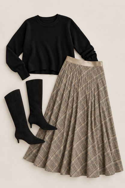 Sabrina Ponte Pleated Midi Skirt in smoked green plaid by Lysse