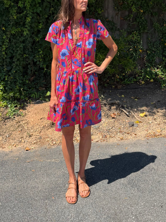 Alison Shortsleeve Poppy Print Dress in pink/blue by La Plage