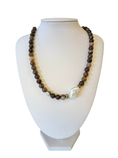 The Kamryn Gemstone Pearl Necklace in burgundy by Virtue