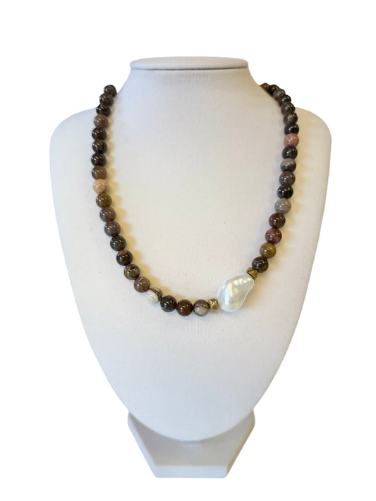 The Kamryn Gemstone Pearl Necklace in burgundy by Virtue