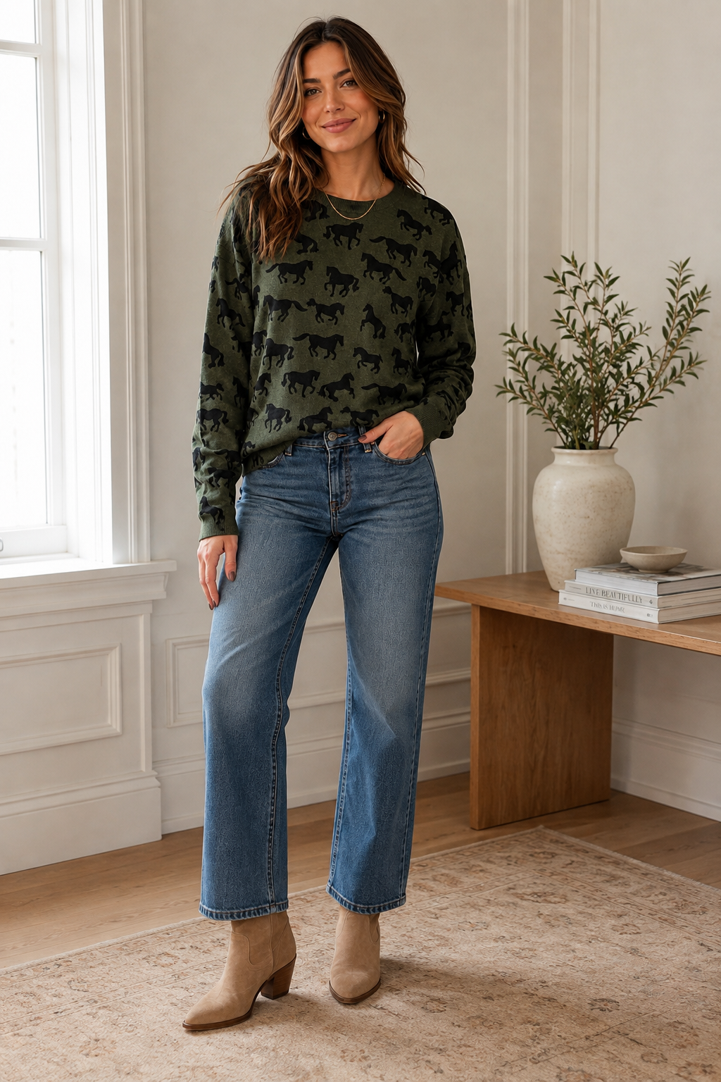 Horse Print Sweater in military by J.Society