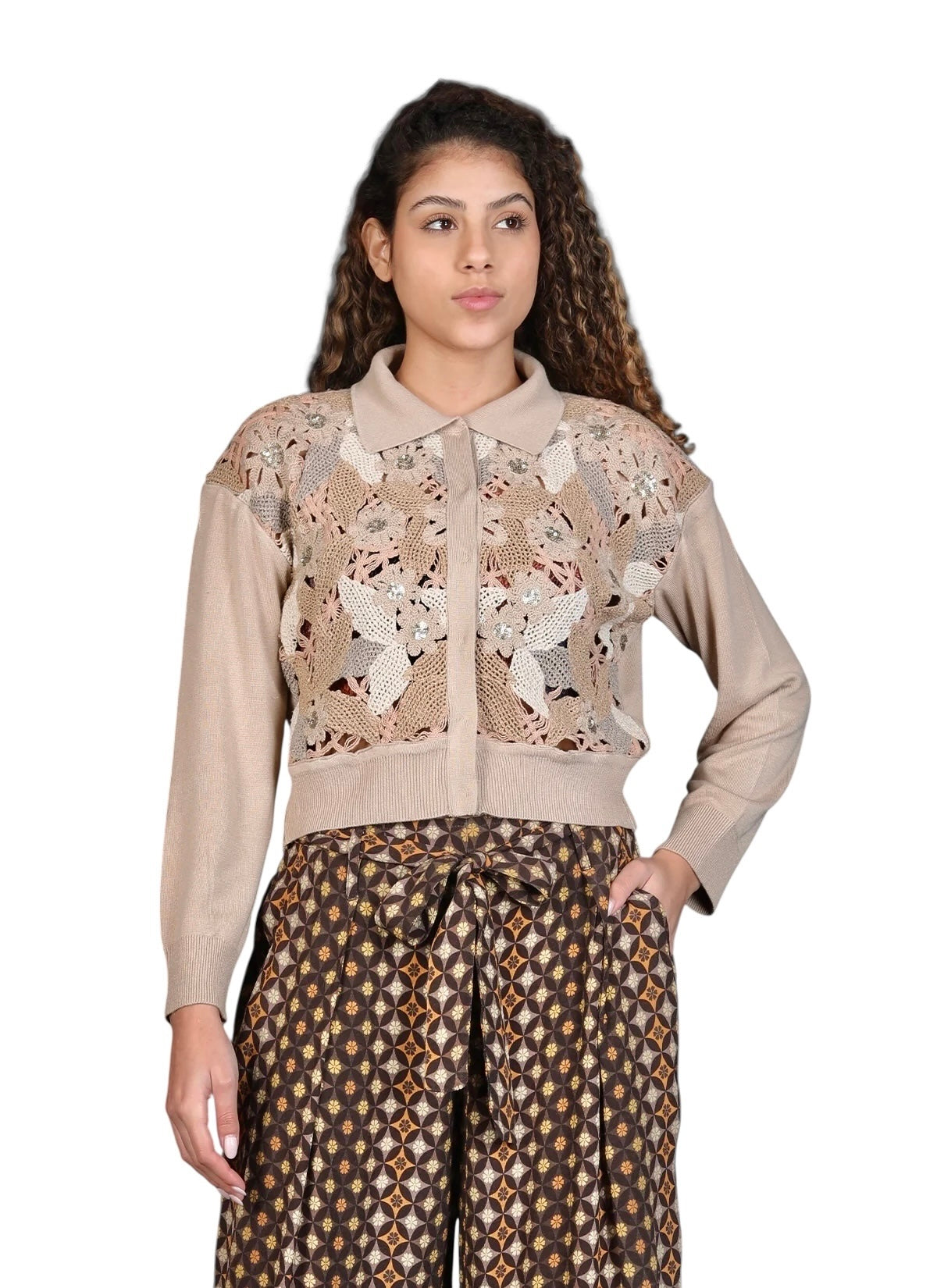 Galicia Lace Front Cardigan in beige by Conditions Apply