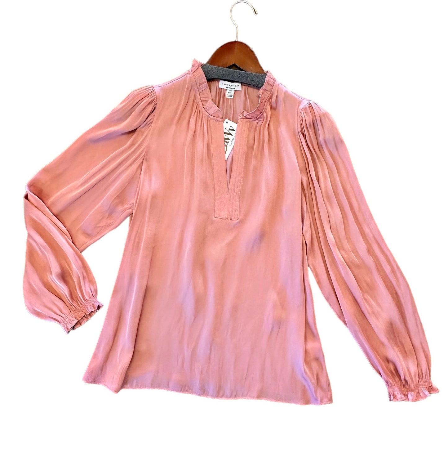 Long Sleeve Ruffled Split Neck Blouse in dusty blush by Current Air